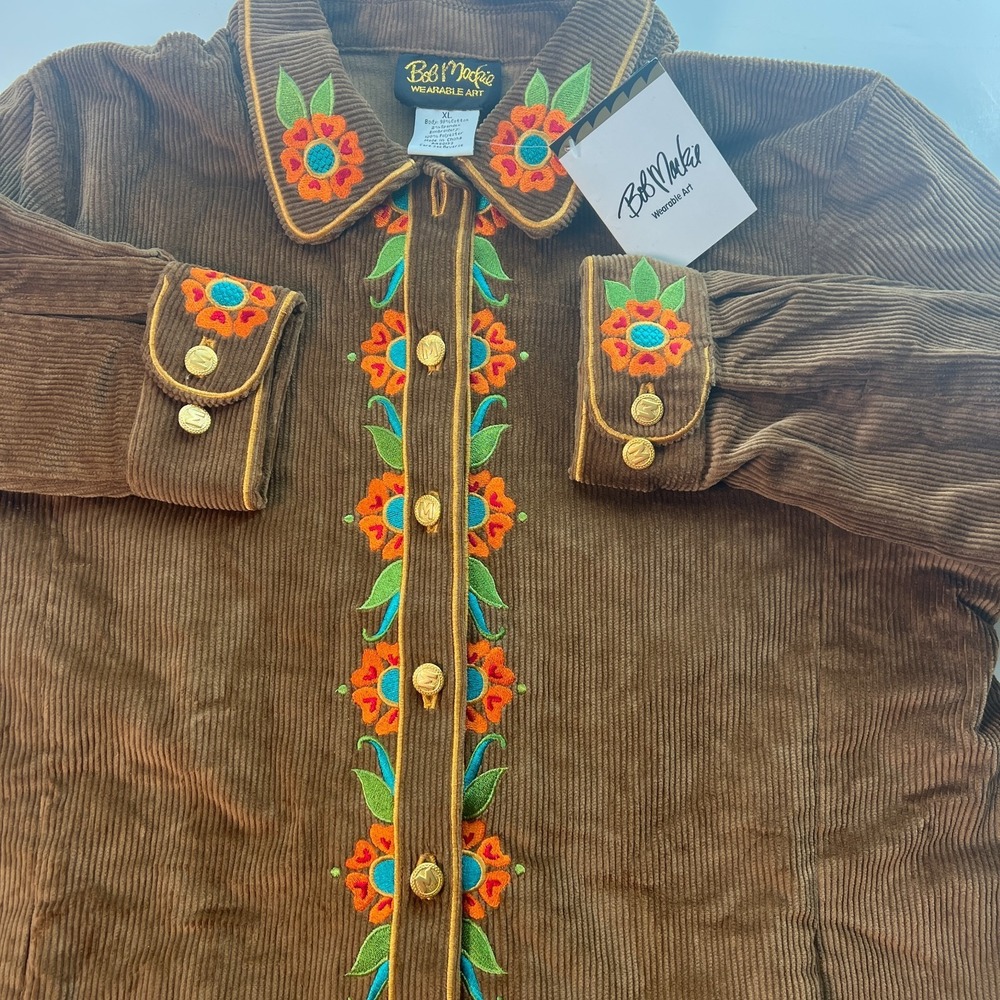 Bob Mackie Women's Shirt Sz XL Large Brown Wearable Art Corduroy Embroidered NWT - Picture 2 of 16